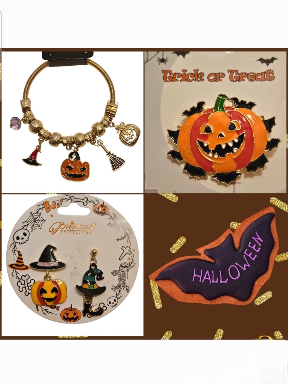 Halloween Charm Bracelet, Earrings And Brooch Set Gold Tone Orange